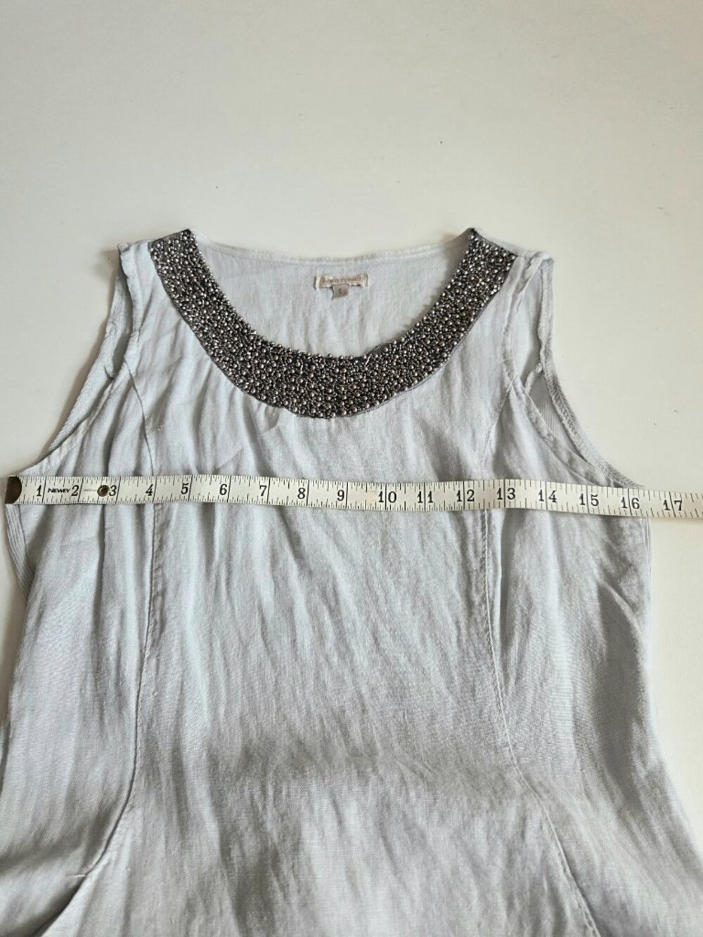 Lina Tomei Italian 100% Linen Light Grey Shift Dress Beaded Scoop Neck - Picture 6 of 11
